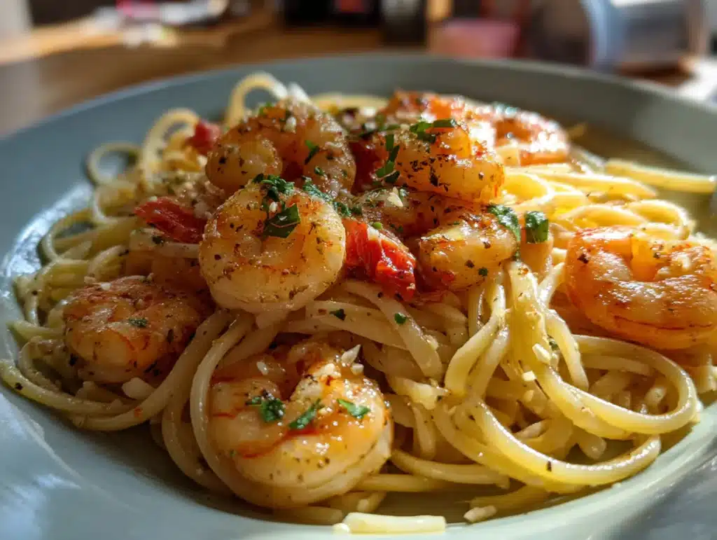 Close-up photo of shrimp pasta on a plate in a home kitchen, natural lighting, clean background, iPhone 15 Pro style, eye-level side view.