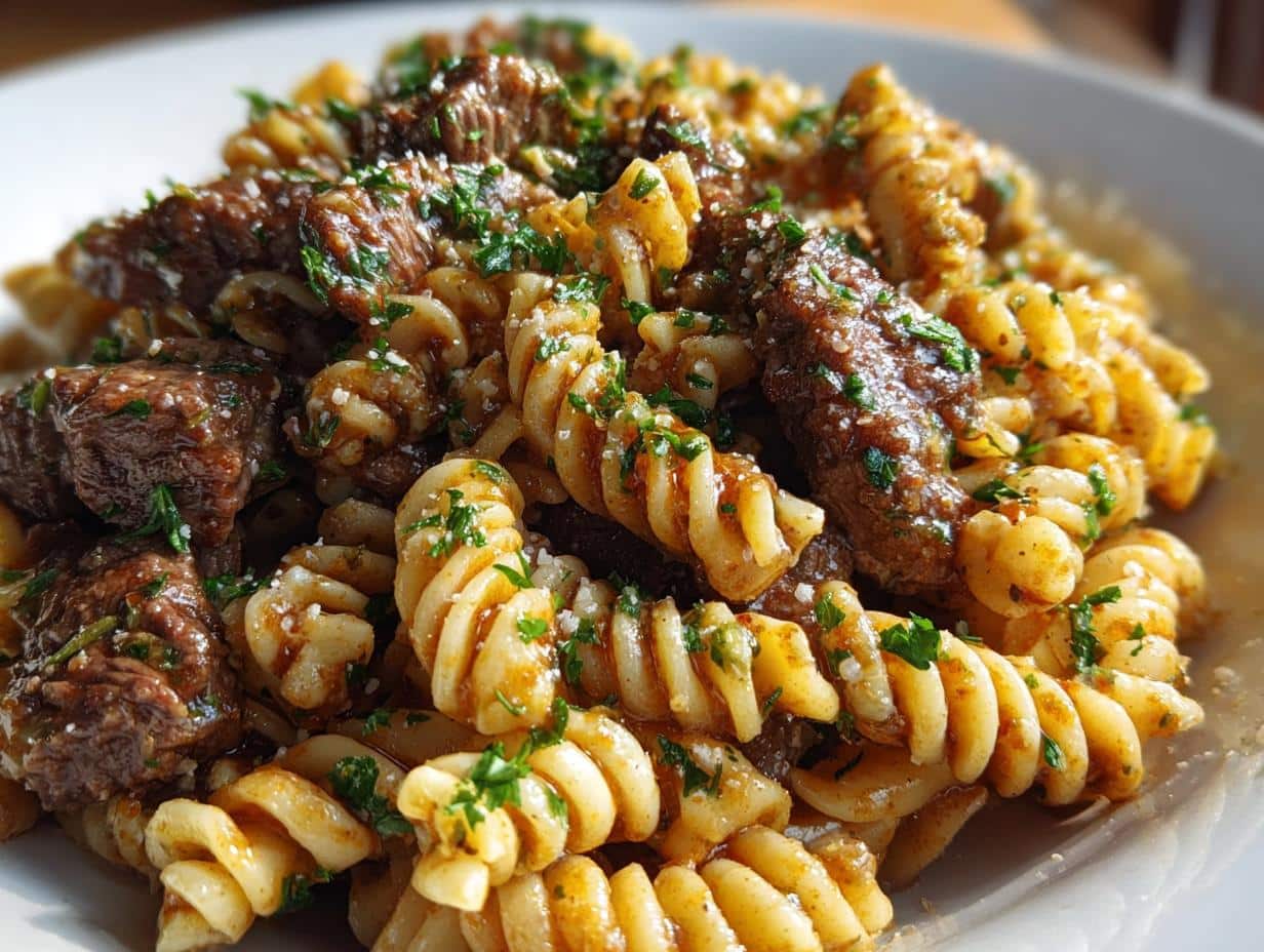 Beef and Rotini in Garlic Parmesan Sauce